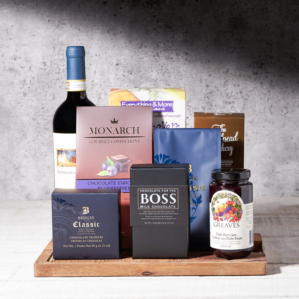 Deluxe Wine and Artisan Chocolate Basket, USA – how the gift is presented