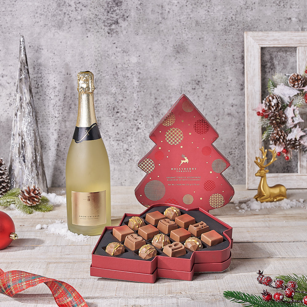 A Very Merry Chocolate Tree Champagne Gift, champagne gift, champagne, sparkling wine gift, sparkling wine, chocolate gift, chocolate, christmas gift, christmas