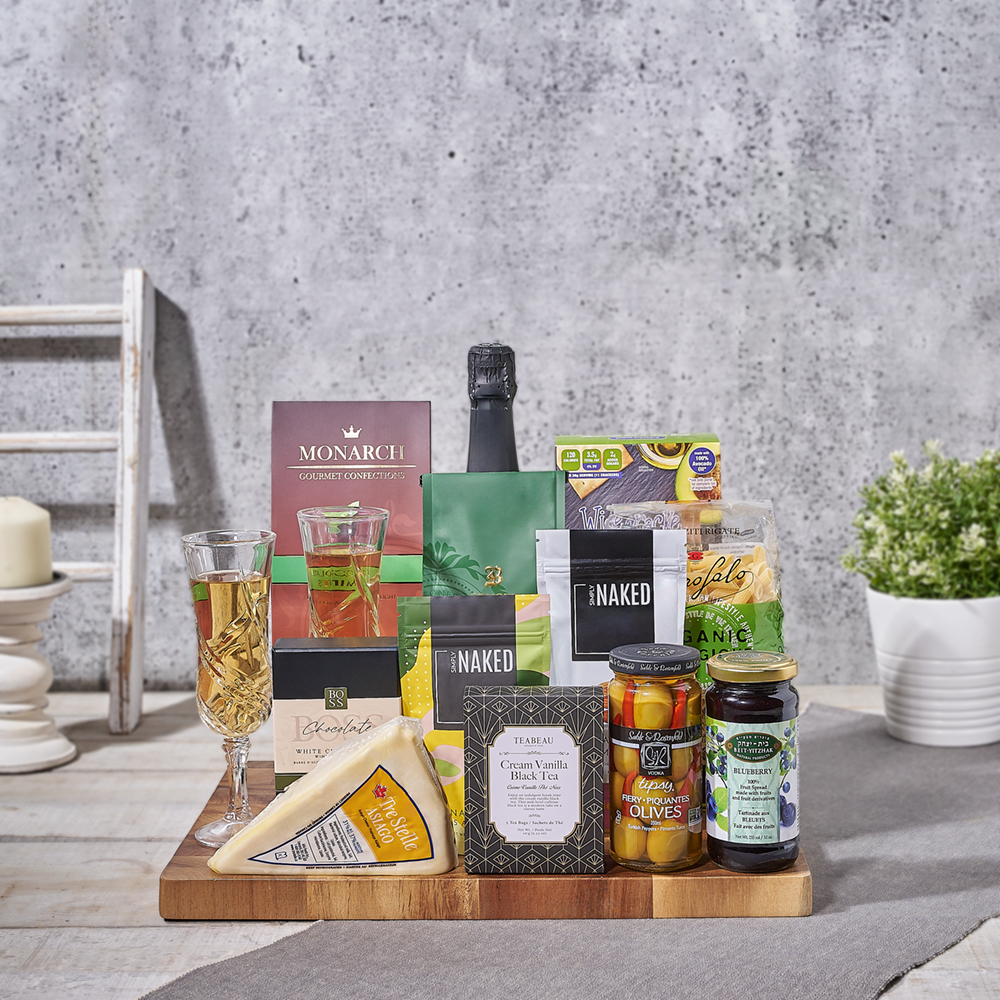 All A Board! Kosher Champagne Gift Basket, champagne gift, champagne, sparkling wine gift, sparkling wine, coffee gift, coffee, kosher gift, kosher