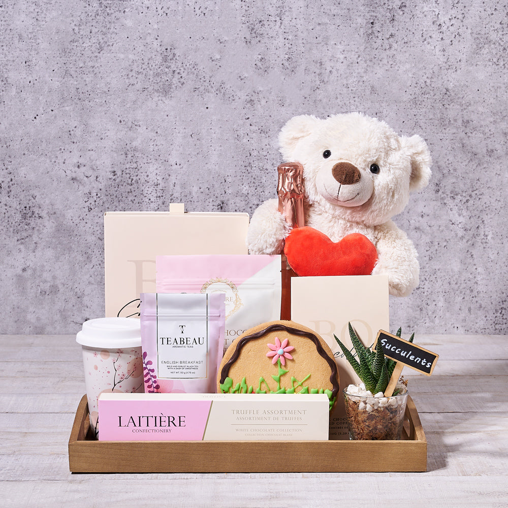 "Celebrating the Mom I Love" Gift Basket, plush gift, mother's day, mother's day gift, tea gift, chocolate gift, champagne, champagne gift