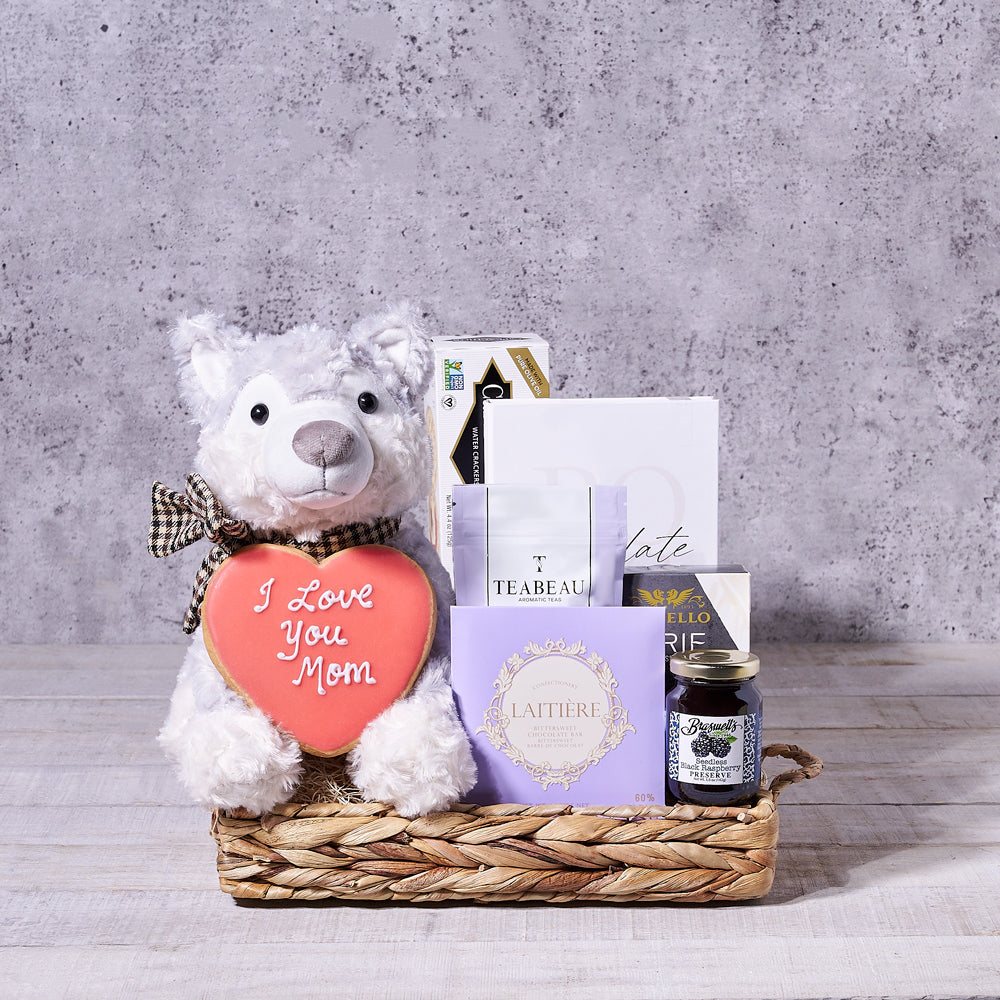 "I Woof You Mom" Gift Basket, plush gift, mother's day, mother's day gift, tea gift, gourmet gift USA delivery