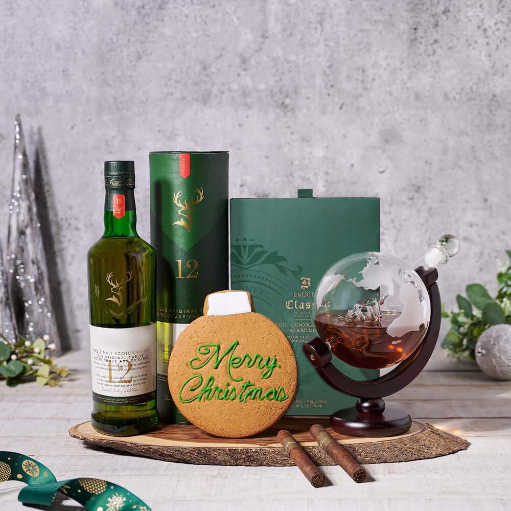 Around the World Liquor Gift Basket, christmas gift, christmas, holiday gift, holiday, liquor gift, liquor, decanter gift, decanter, cigar gift, cigar