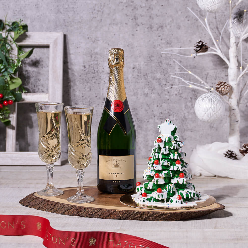 Bubbly & Holiday Tree Cookie Gift Set, champagne gift, champagne, sparkling wine gift, sparkling wine, cookie gift, cookie, holiday gift, holiday, christmas gift, christmas