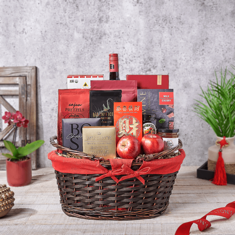 Chinese Good Fortune Gift Basket, chinese new year gift, chinese new year, lunar new year gift, lunar new year, wine gift, wine