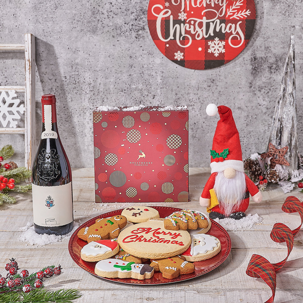 Wine and Santa Cookie Basket – how the gift is presented