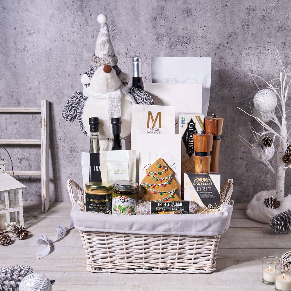 Classic Wine and Gourmet Christmas Gift Basket – how the gift is presented