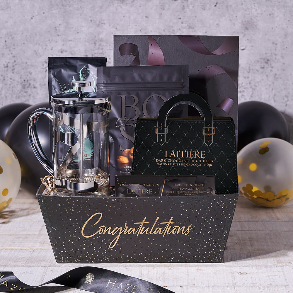 Graduation Coffee Press Gift Basket – how the gift is presented