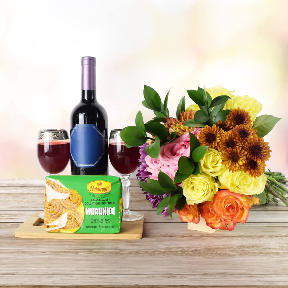 Diwali Festive Wine and Snack Basket – how the gift is presented
