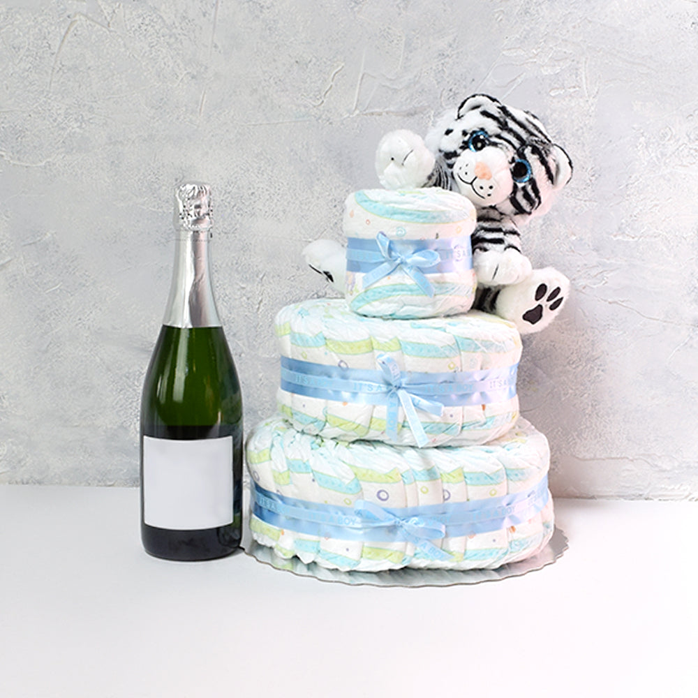 White Tiger & Diapers Champagne Gift Set, baby gift baskets, champagne gift baskets Hazelton's