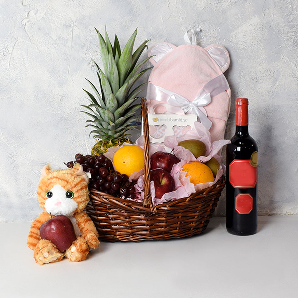 Baby Basket with Plush and Wine – how the gift is presented