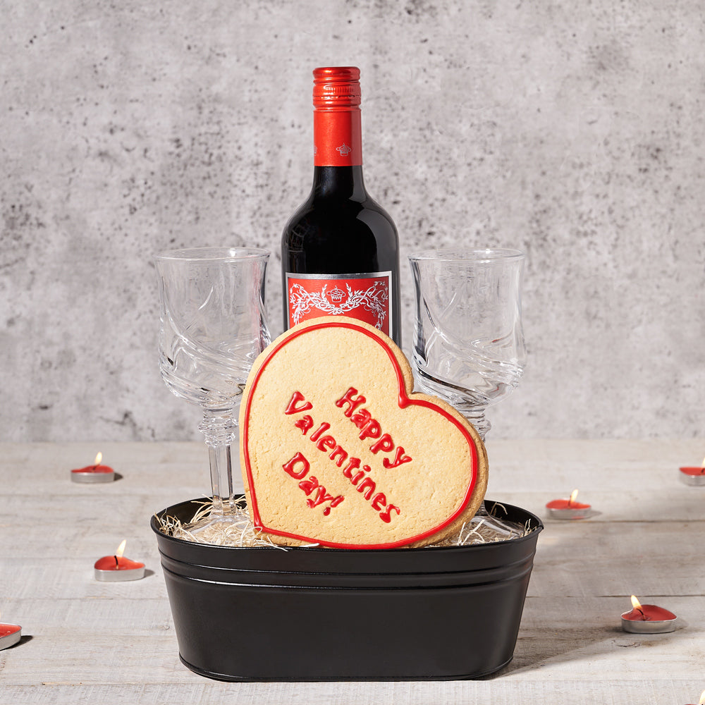 Happy Valentine’s Wine Gift Basket, Valentine's Day gifts, wine gifts, cookie gifts