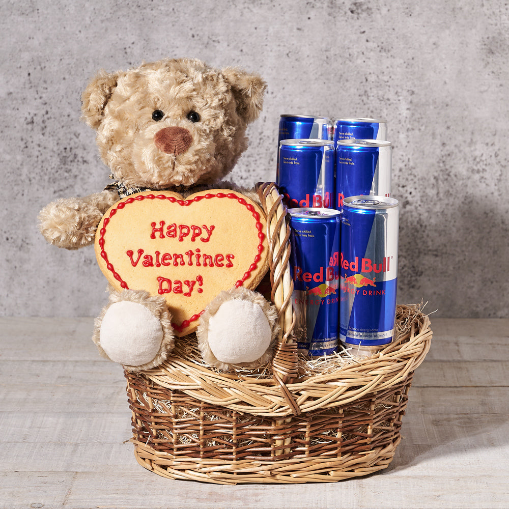 Sweet Valentine's with Hugs Gift Basket, Valentine's Day gifts, red bull, plush gifts, cookie gifts