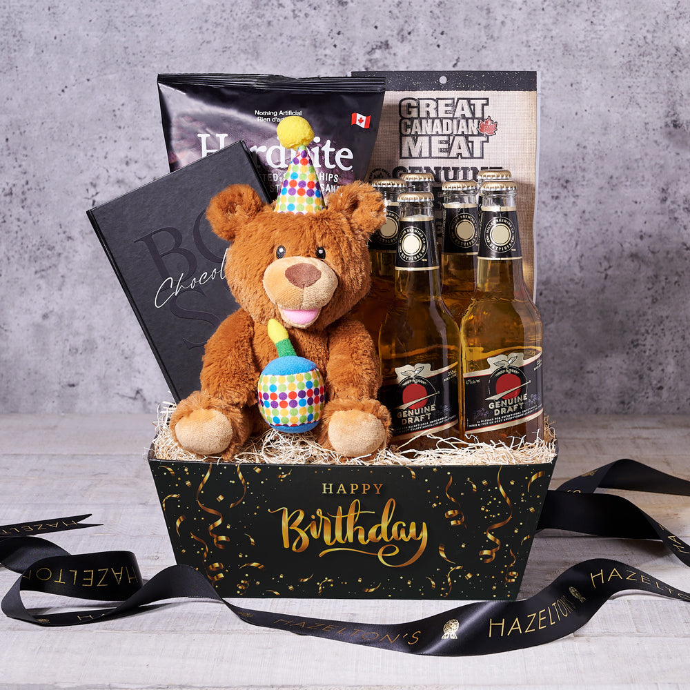 Birthday Beer Basket with Dark Treats – how the gift is presented