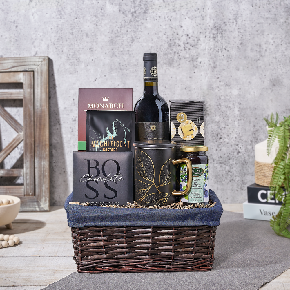 Happy Hanukkah Wine & Snack Basket, wine gift, wine, kosher gift, kosher, coffee gift, coffee