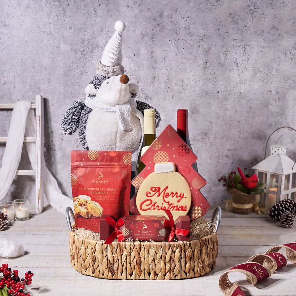 Two Wine Bottles Holiday Basket – how the gift is presented