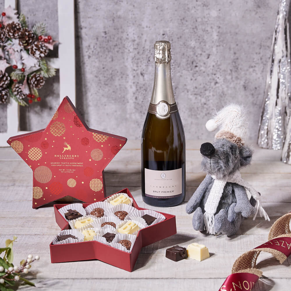 Holiday Star Box Sparkling Wine Gift Basket Featuring Gourmet Chocolates – how the gift is presented