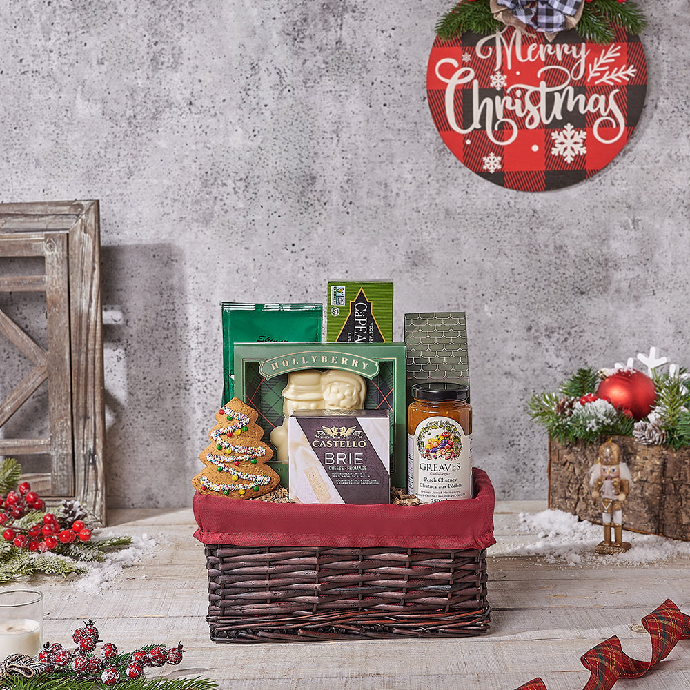 Holiday Brie and Pretzels Gift Basket – how the gift is presented