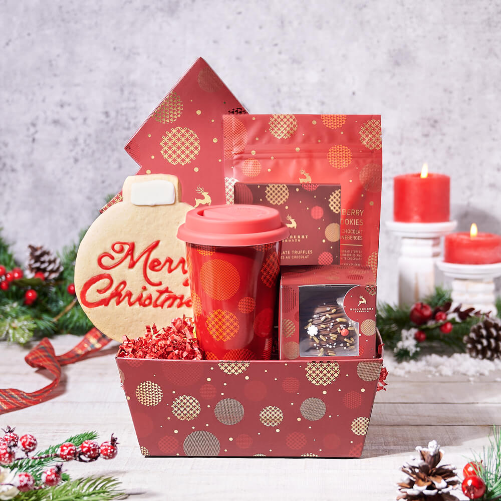 Red Holiday Chocolate Gift Basket Featuring Hot Chocolate Bomb – how the gift is presented
