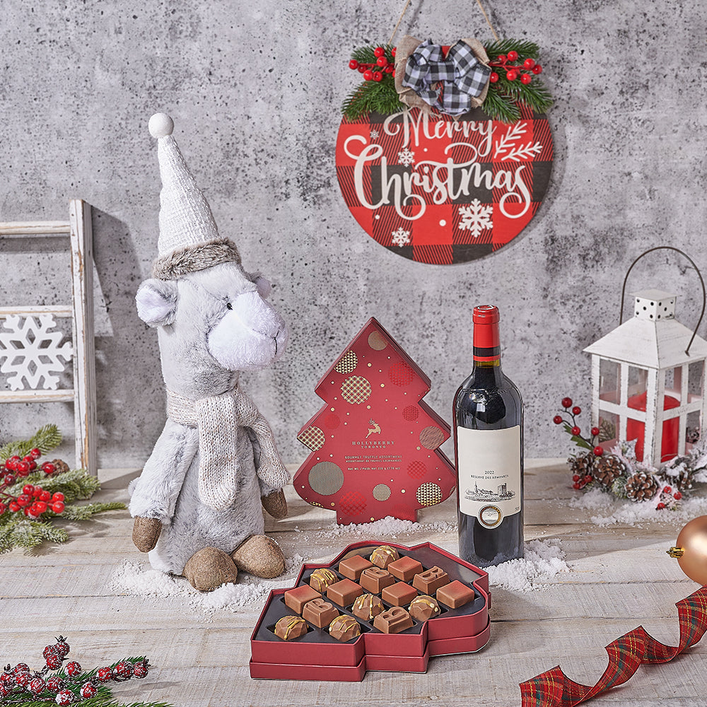 Holiday Llama & Wine Gift Set, wine gift, wine, chocolate gift, chocolate, christmas gift, christmas