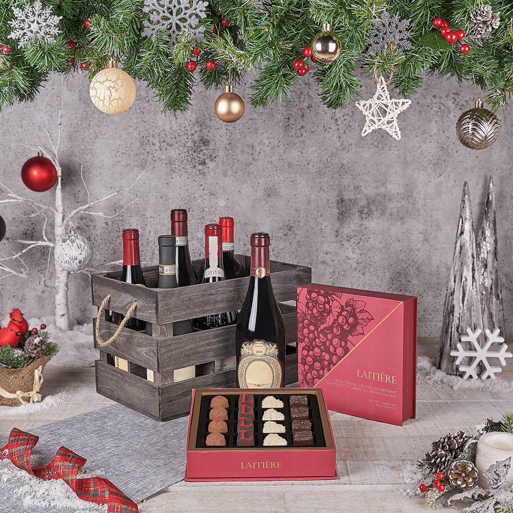 Wine and Chocolate Truffle Holiday Crate – how the gift is presented