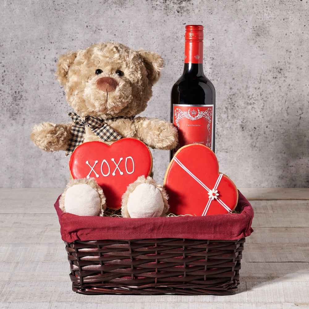 Wine & Bear Valentine’s Day Basket, Valentine's Day gifts, wine gifts, plush gifts, cookie gifts Hazelton's