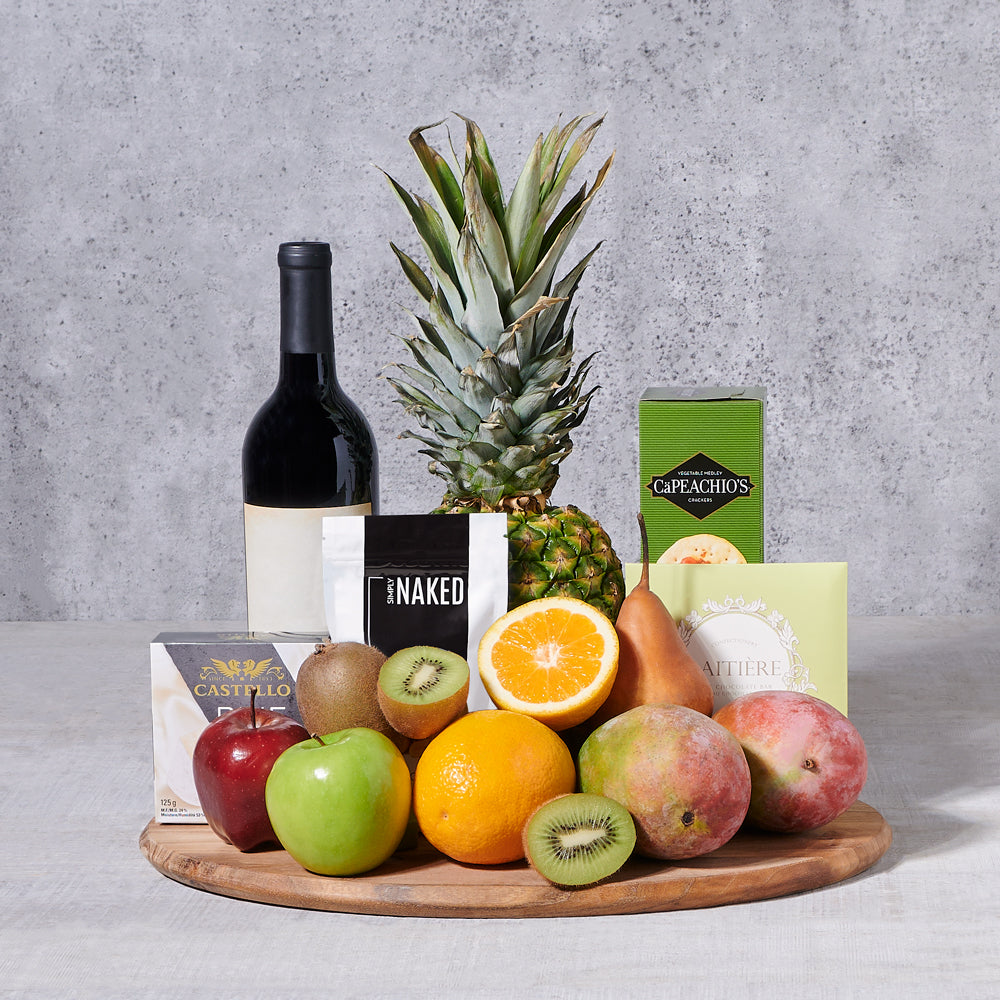 Wine & Snack Basket, wine gift, wine, gourmet gift, gourmet, fruit gift, fruit Hazelton's