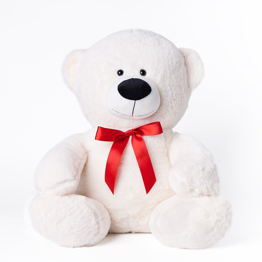 Lenny - The Large White Plush Bear has soft, white fur and wears a red ribbon around its neck