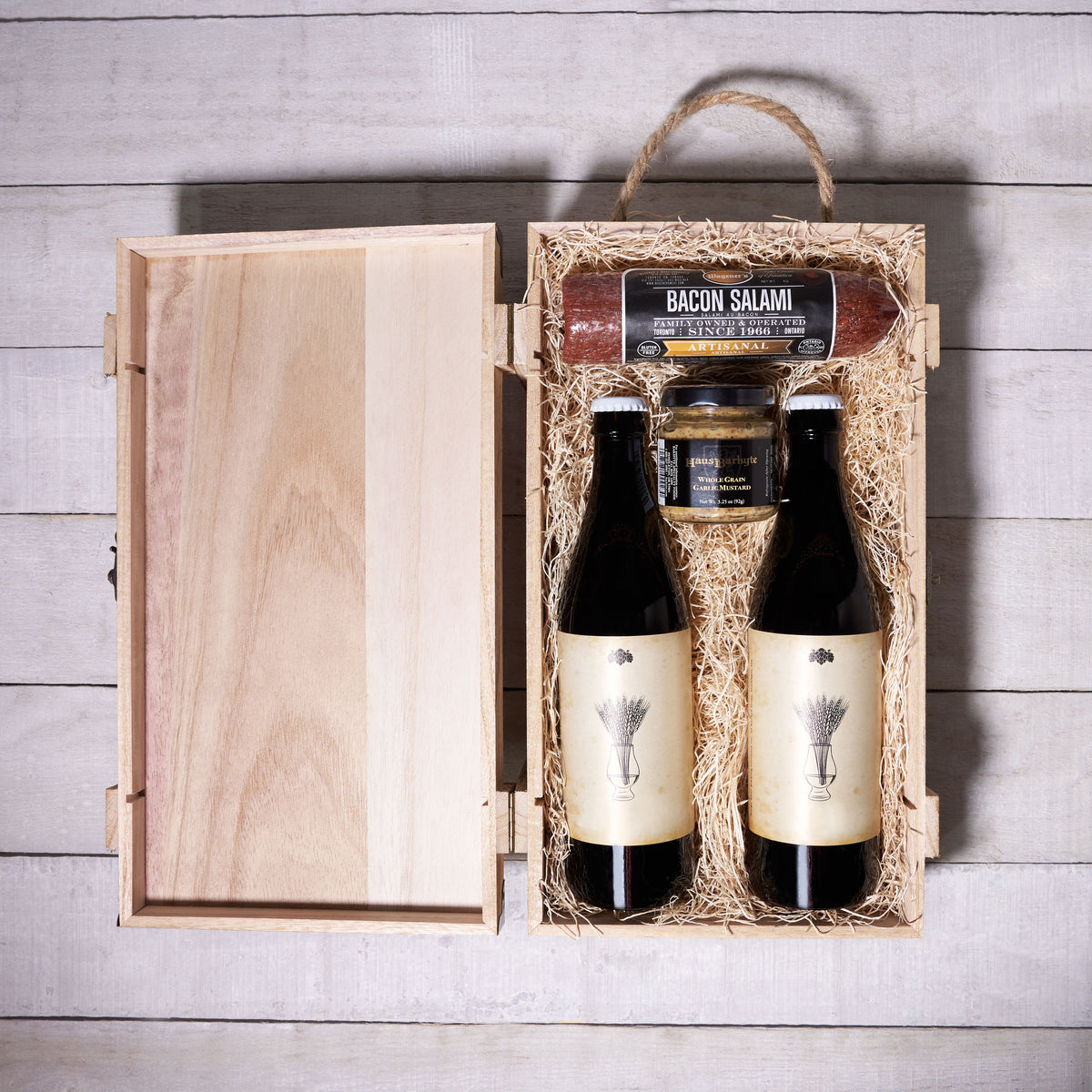 Dad's Beer and Delicatessen Delight, beer gift baskets, gourmet gifts, beer, bacon salami, whole grain garlic mustard