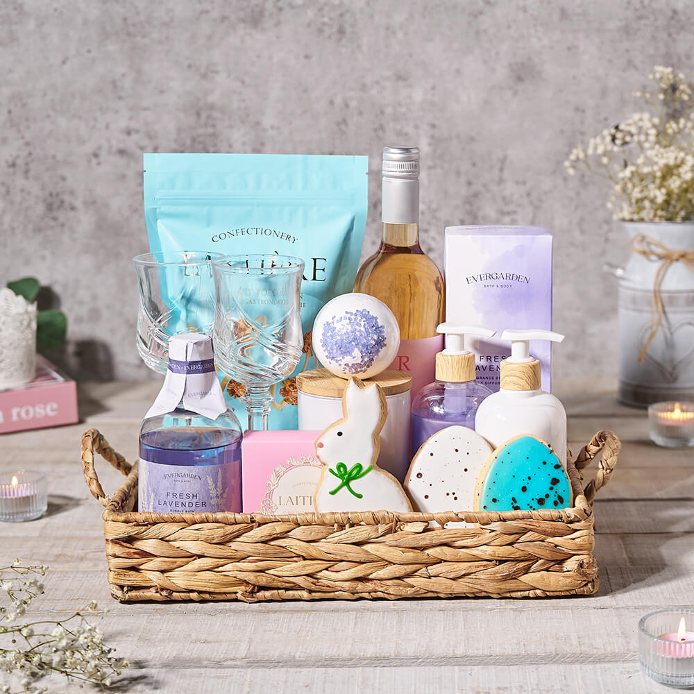 Just Hoppin' Easter Gift Basket, easter gift, easter, gourmet gift, gourmet, wine gift, wine, chocolate gift, chocolate, spa gift, spa, bath and body gift, bath and body