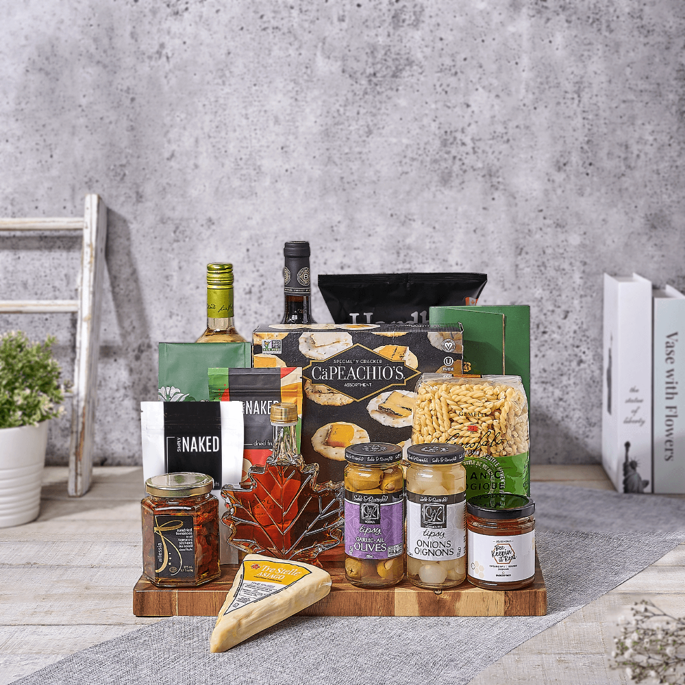 Kosher Wine Gift Basket with Assorted Gourmet Treats – how the gift is presented