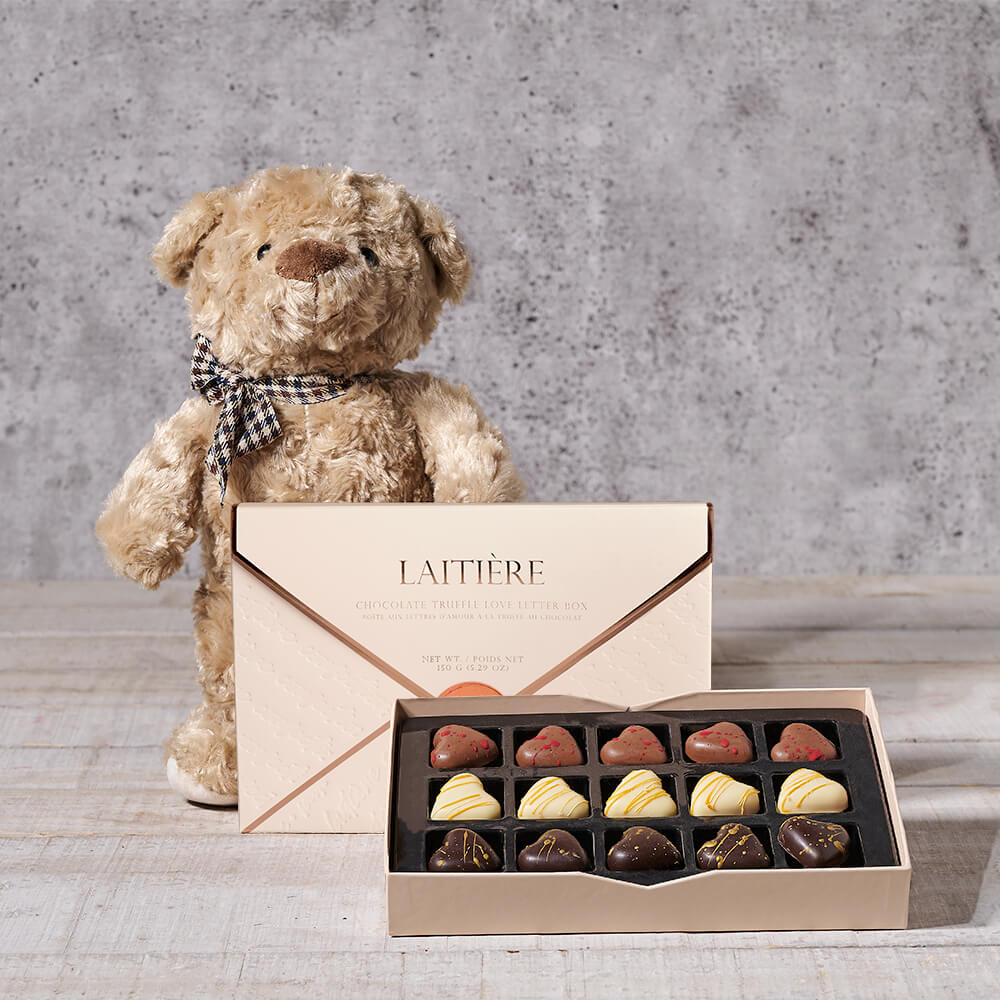 Love Letter & Bear Gift, teddy bear gift, teddy bear, chocolate gift, chocolate, gourmet gift.