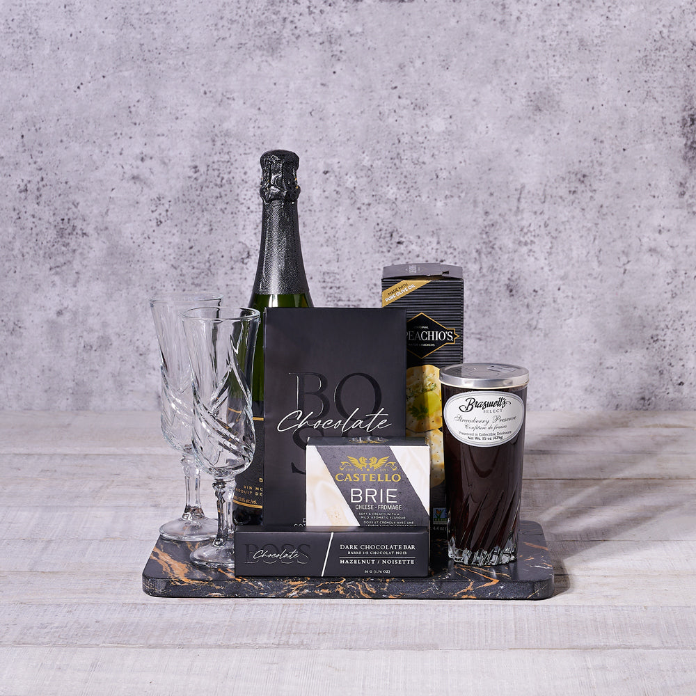Lux Gift Basket, gourmet gift, champagne gift, champagne, sparkling wine, sparkling wine gift set, chocolate gift
