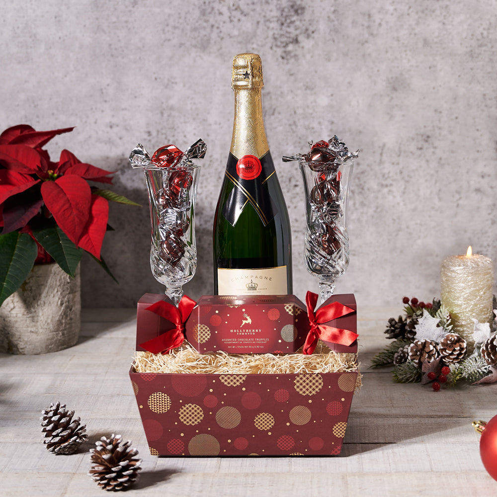 Holiday Sparkling Wine Gift with Truffles and Decorative Christmas Box – how the gift is presented