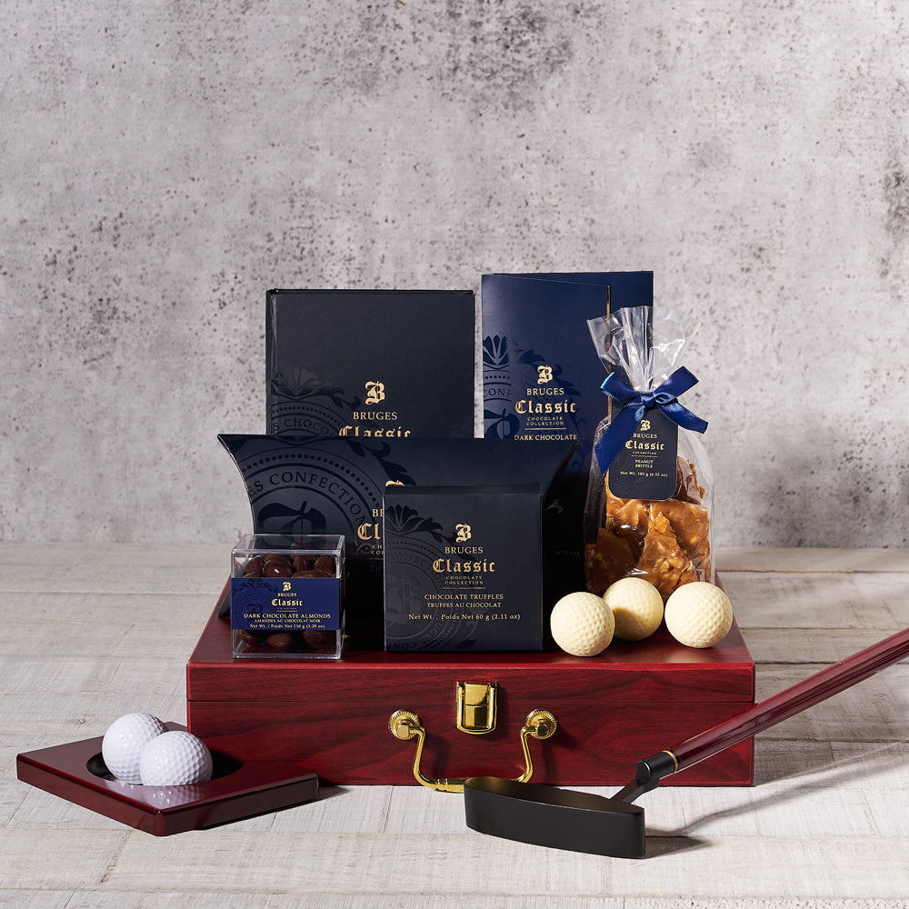 chocolate gift basket, golf, chocolate bar, chocolate truffles, chocolate, gourmet gift basket, gourmet gifts, gourmet, Set 24059-2021, chocolate basket delivery, delivery chocolate basket, golf gourmet