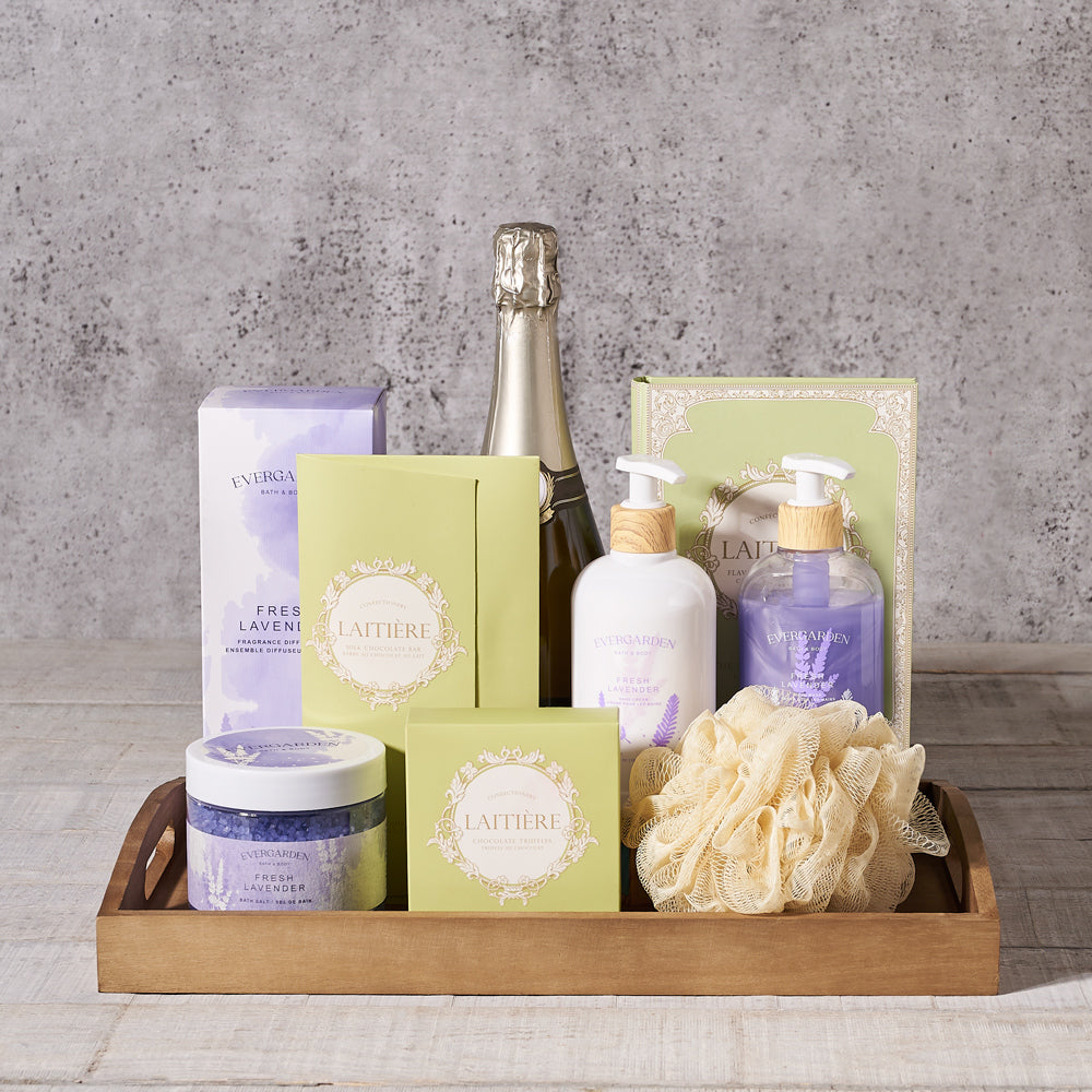 chocolate truffles, chocolate, bath, bath & body, lotion, lavender, sparkling wine, spa gift, Spa, Set 24061-2021, spa gift basket delivery, delivery spa gift basket, sparkling wine basket , USA Delivery