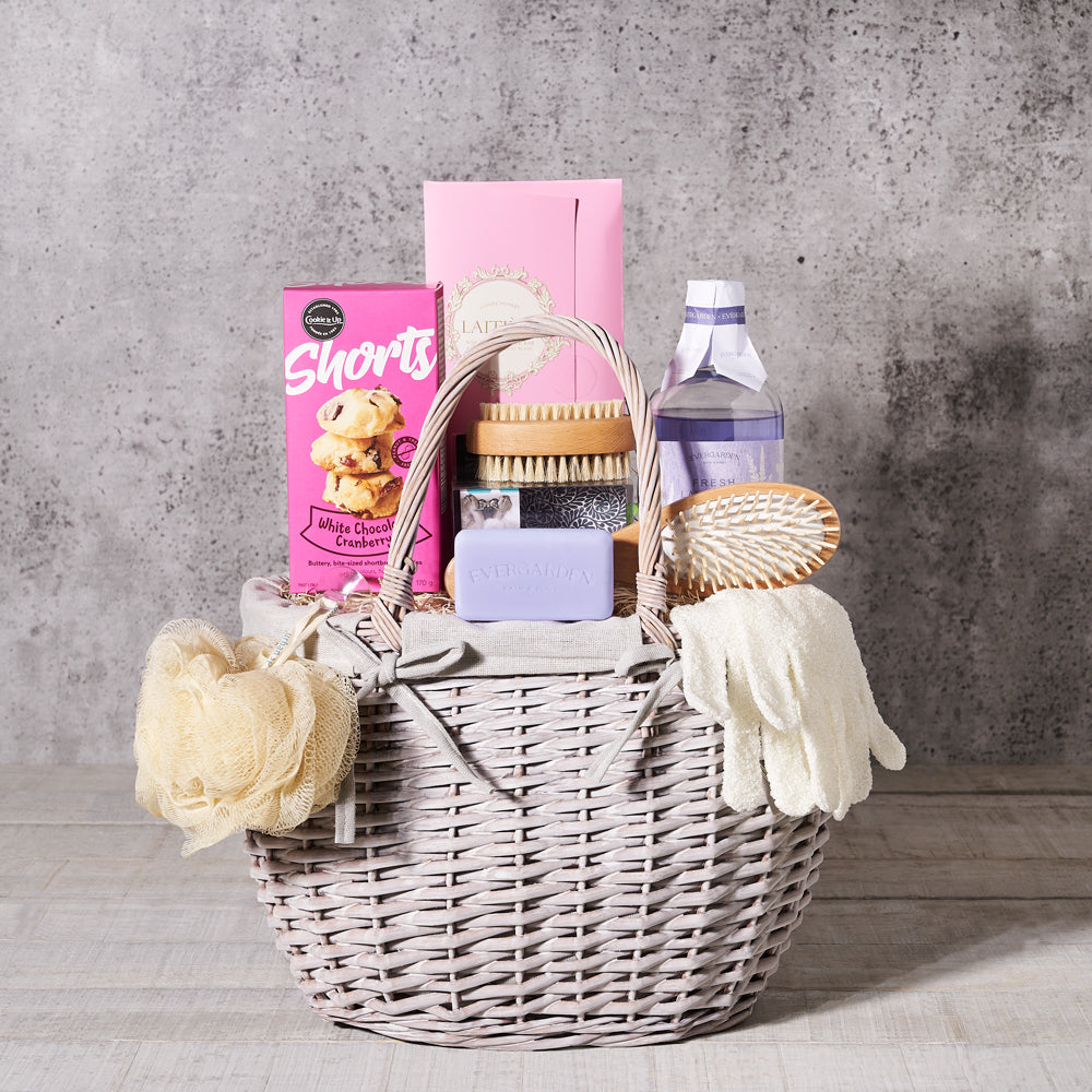 lavender, chocolate, bath salts, bath products, bath mitt, bath & body, bath, spa gift, Spa, Set 24069-2021, gourmet, spa gift basket delivery, delivery spa gift basket, bath and body basket
