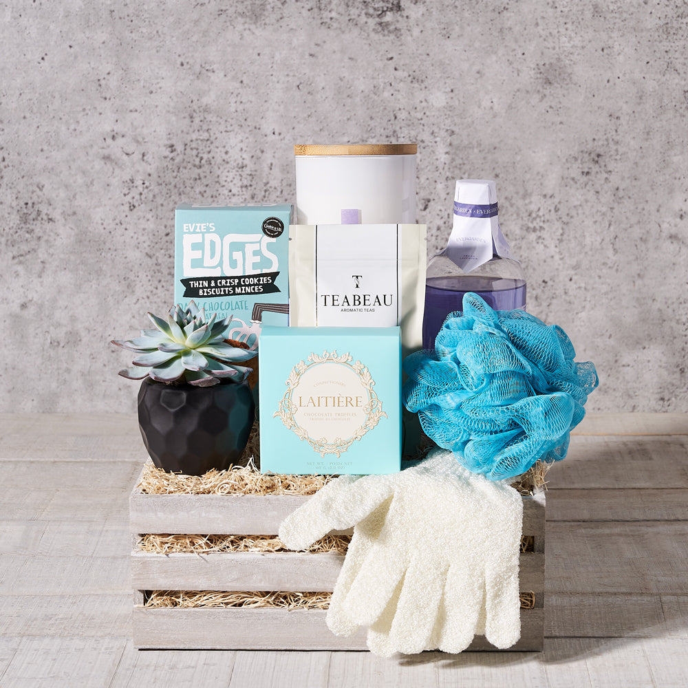 cookies, truffles, chocolate, gift crate, skincare, mother's day, lavender, bath and body, spa gift,