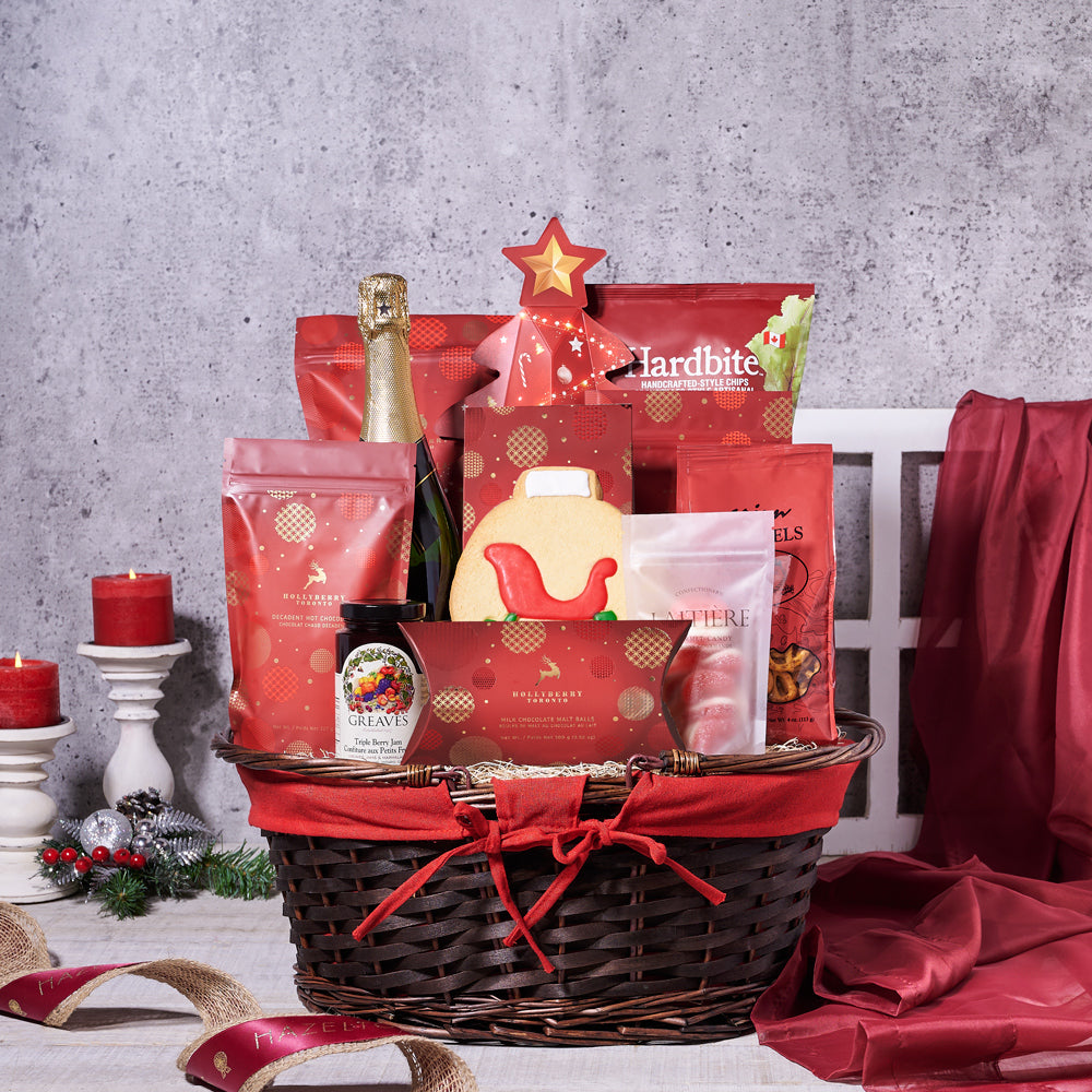 Under The Christmas Tree Champagne Gift Basket, chocolate, champagne, champagne gift basket, gift basket, basket, gift, goodies, christmas, holiday, pretzel, popcorn, chips, shortbread, cookies, delivery, Hazelton's
