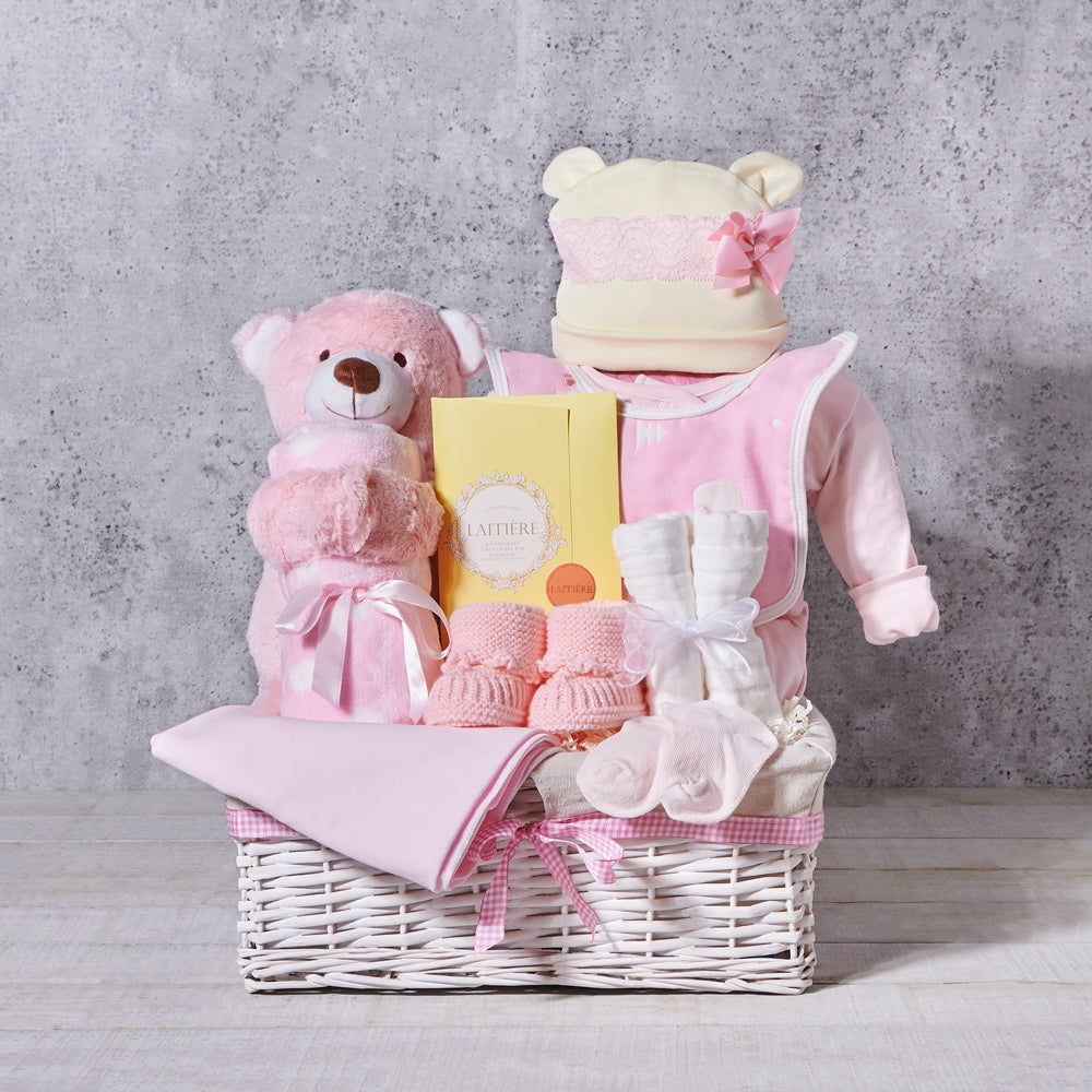 Pink Teddy Baby Gift Basket – how the gift is presented