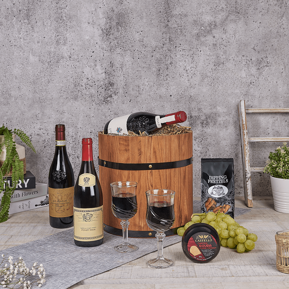 Prime Time Wine Gift Barrel - Vintage Premium Wines, wine gift, wine, luxury gift, luxury, cheese gift, cheese, fruit gift, fruit