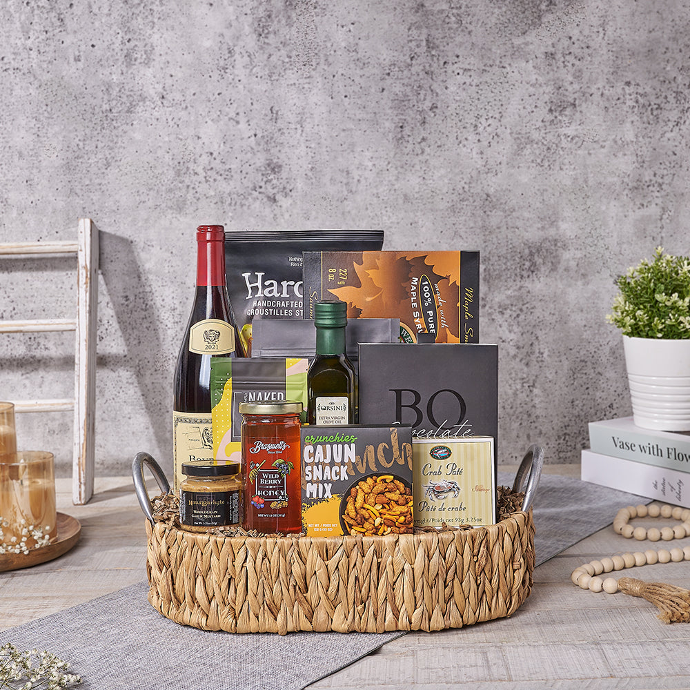 Seafood Serving Gift Tray with Wine, seafood gift, seafood, wine gift, wine, salmon gift, salmon, chocolate gift, chocolate