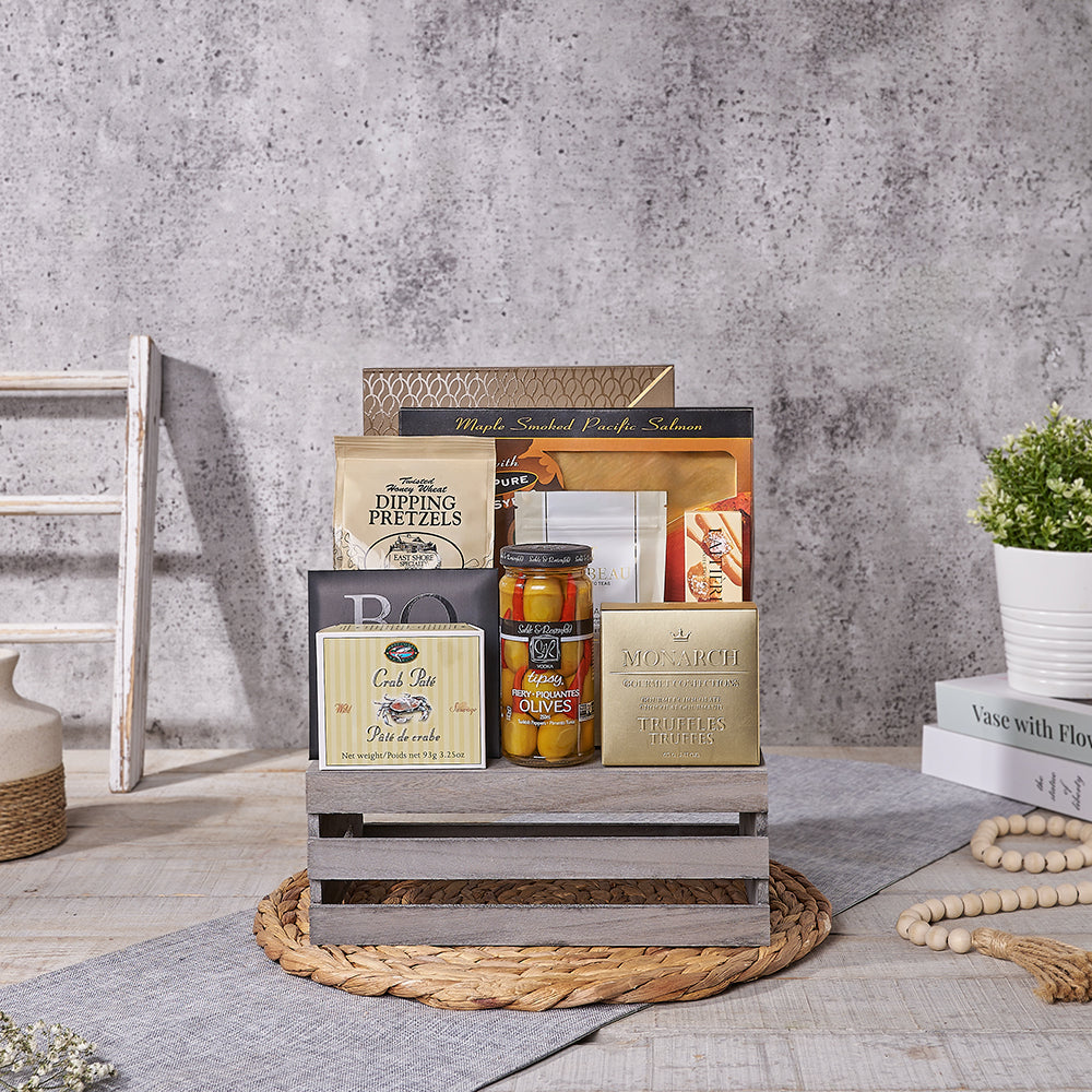 Seafood & Tea Gift Crate, seafood gift, seafood, chocolate gift, chocolate, salmon gift, salmon