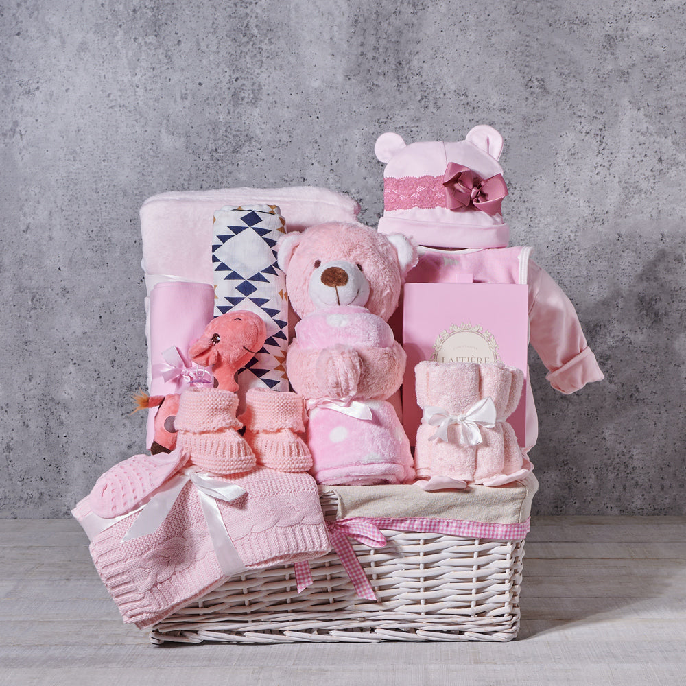 Celebrate Baby Girl with Elegant Wicker Gift Basket and Soft Essentials – how the gift is presented