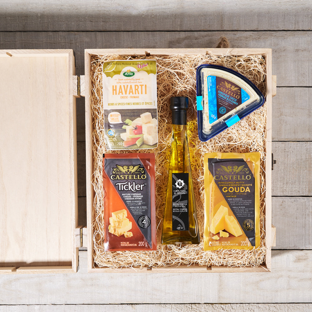 Cheese and Olive Oil Gift Crate – how the gift is presented