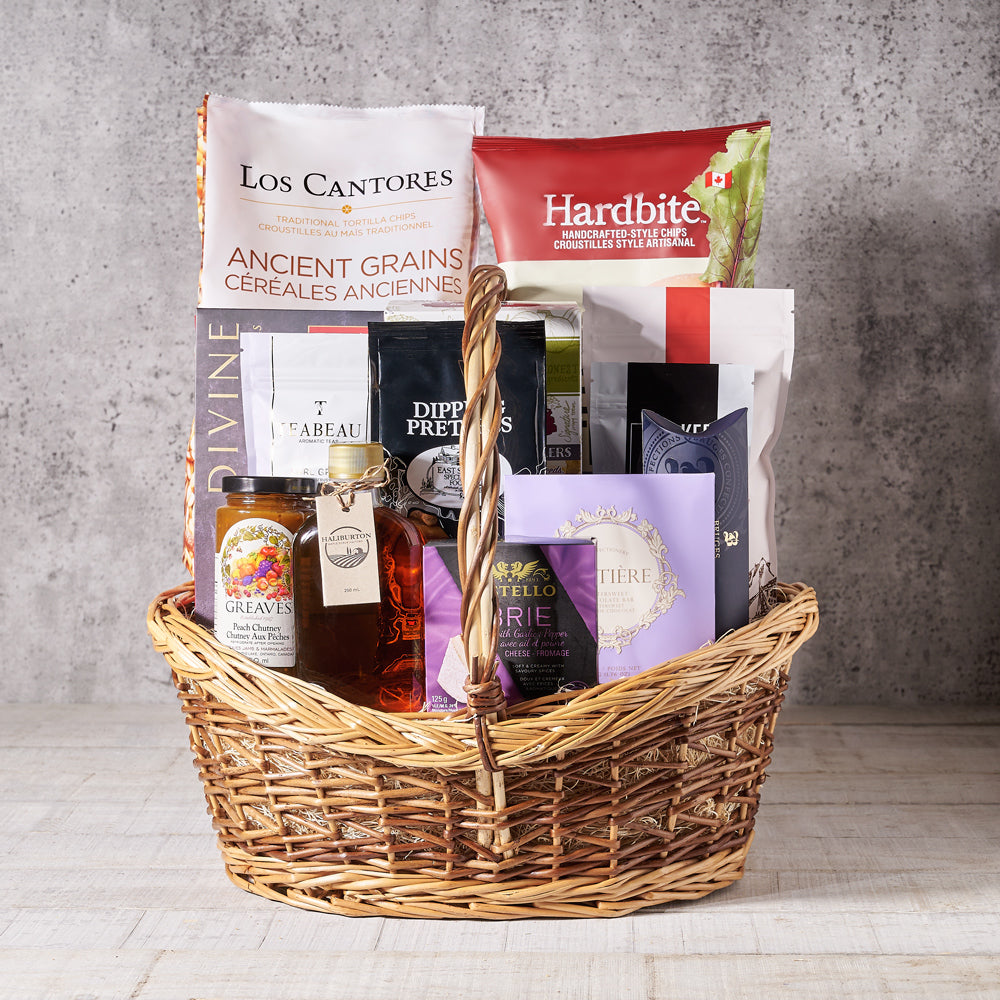 Classy Snacking Gift Basket, Gourmet Gift Baskets, Chips, Pretzels, Jam, Maple Syrup, Chocolates, Tea, Gift Baskets