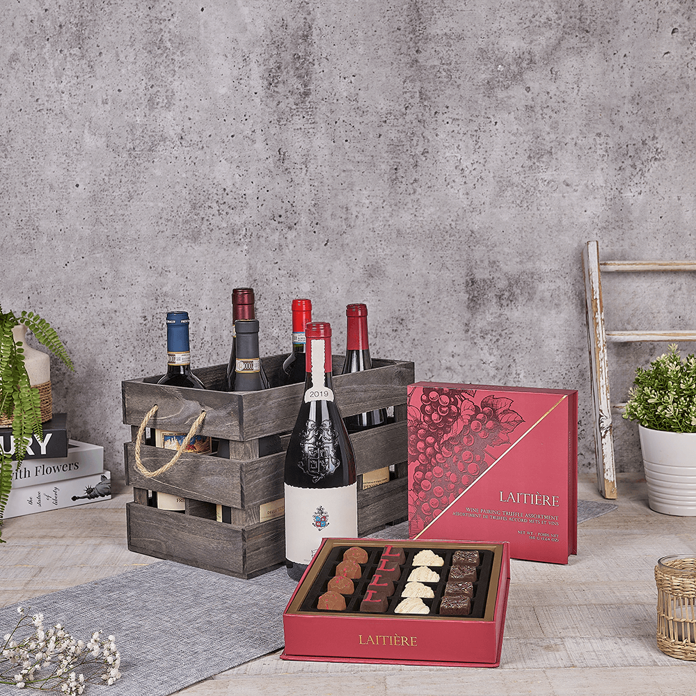 Stunning Wine Crate - Vintage Premium Wines, wine gift, wine, chocolate gift, chocolate, luxury gift, luxury