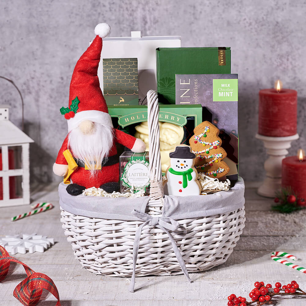 Holiday White Wicker Basket with Strawberry Candies and Chocolates – how the gift is presented