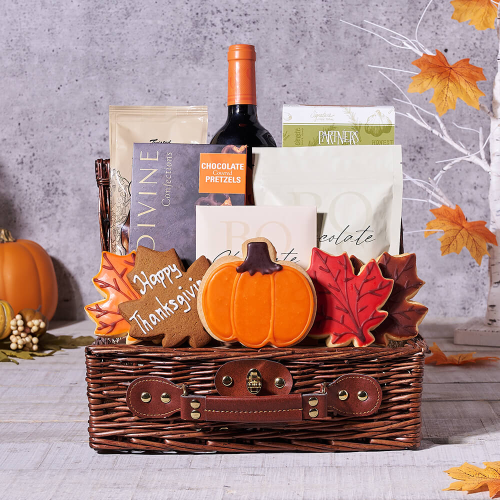 Thanksgiving Wine & Treats Basket, wine gift, wine, thanksgiving gift, thanksgiving, gourmet gift, gourmet, cookie gift, cookie, fall gift