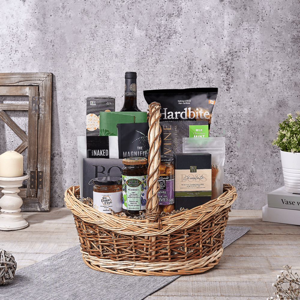 The Purim Market Wine Gift Basket, wine gift, wine, kosher gift, kosher, chocolate gift, chocolate