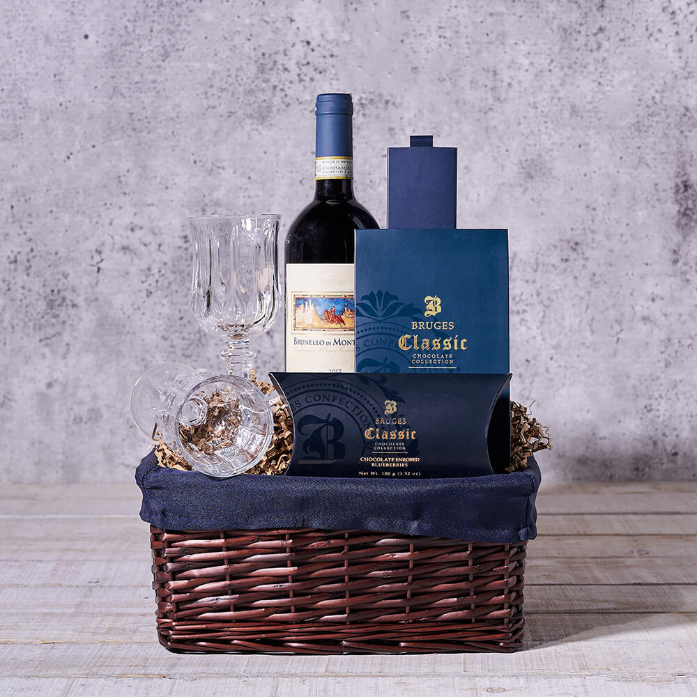 Wine and Bruges Dark Chocolate Basket – how the gift is presented